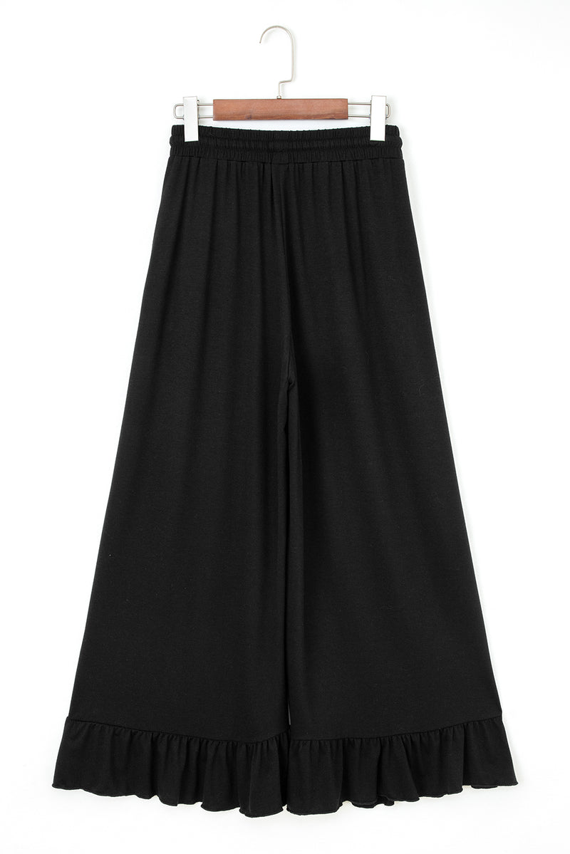 Ruffled Wide Leg Pull On High Waist Pants with Pockets