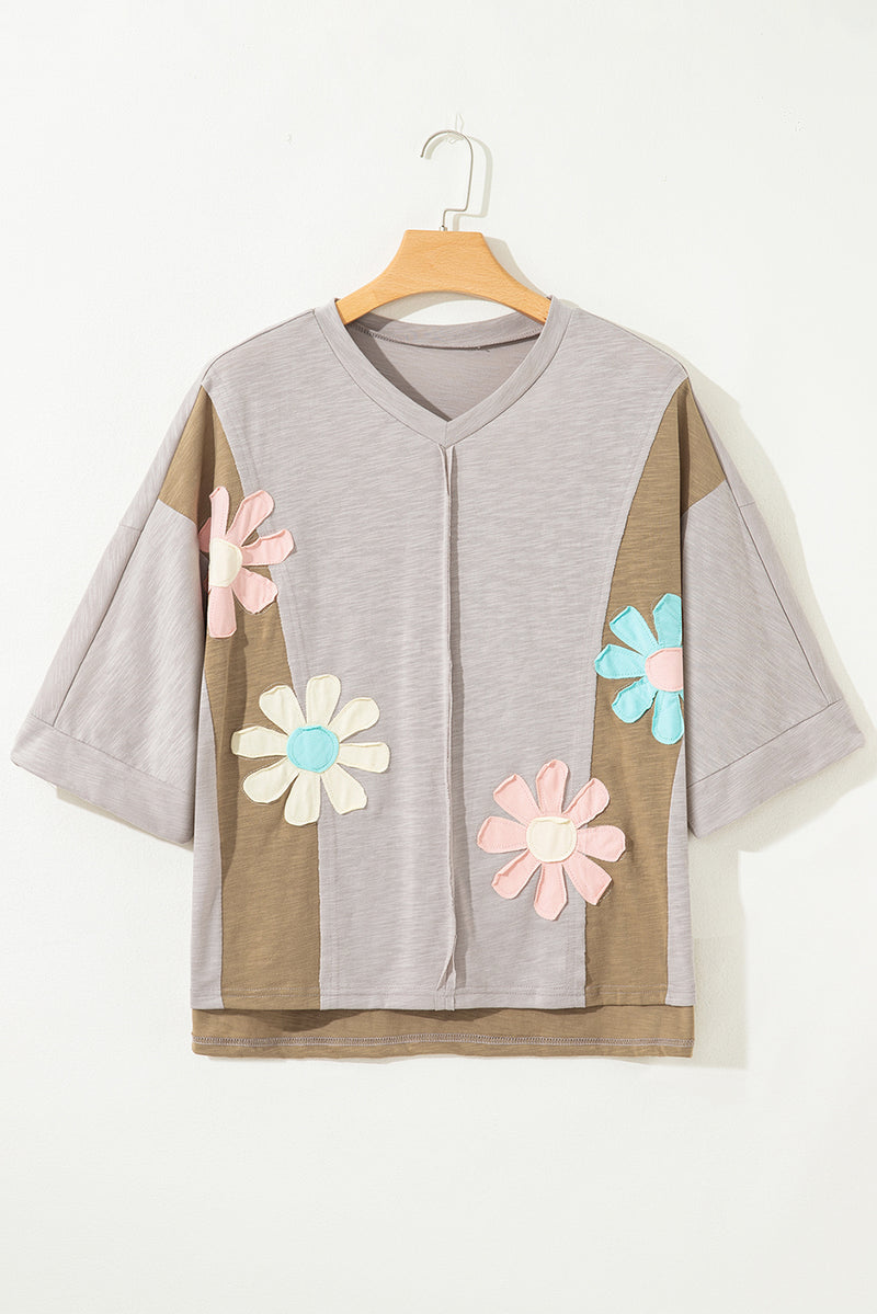 Flower Patched Exposed Seam Bracelet Sleeve Oversized T Shirt
