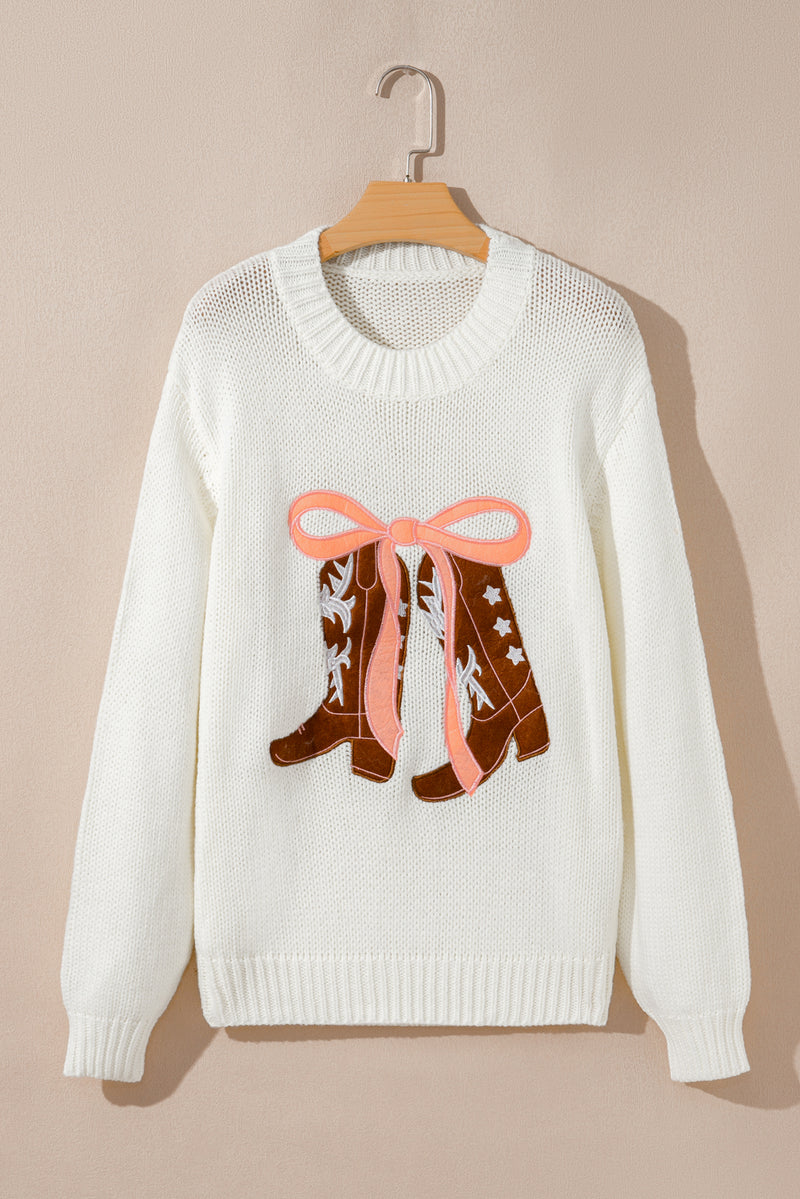 Embroidered Bow Boots Graphic Drop Shoulder Sweater