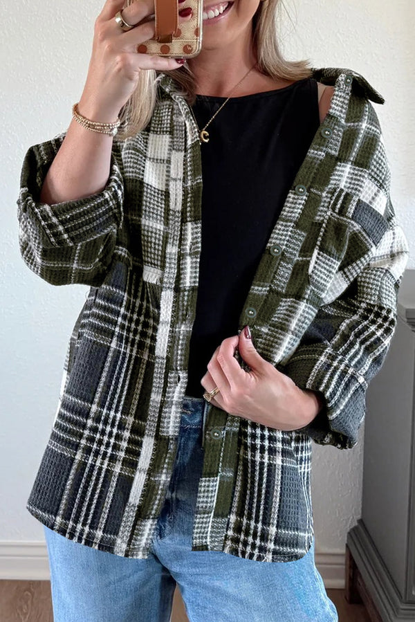 Plaid Print Textured Knit Buttoned Shacket