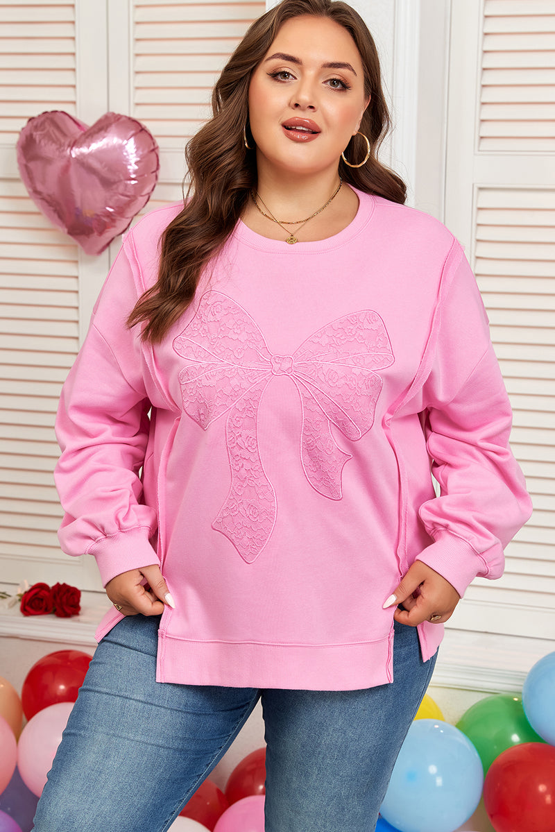 Big Bow Lace Embroidered Dolman Sleeve Slit Plus Size Sweatshirt