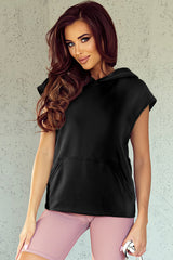 Solid Color Cap Sleeve Kangaroo Pocket Hoodie