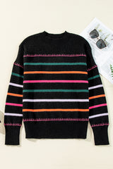 Colorful Striped Ribbed Trim Sweater