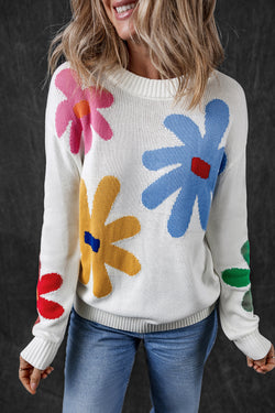 Colorful Big Flower Pattern Crewneck Sweater