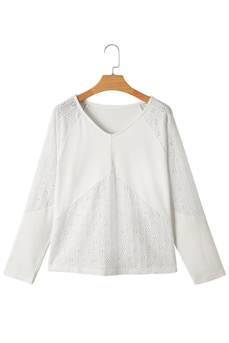 Twisted Rib Patchwork Embroidered Loose V Neck Long Sleeve Top