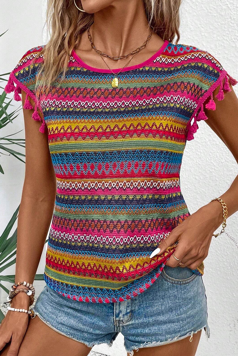 Jacquard Textured Tasseled Cap Sleeve Top