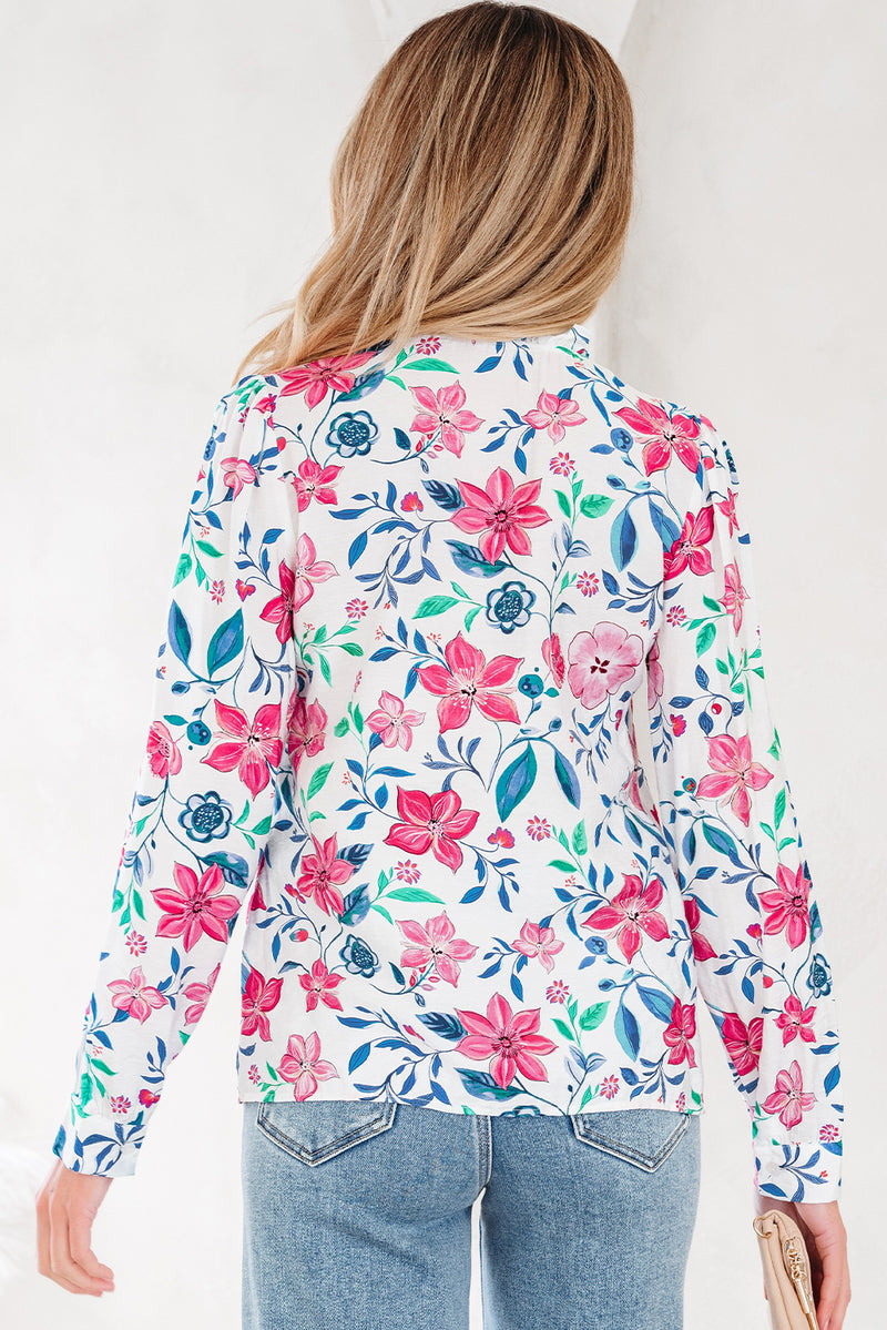 Pink Floral Print Lace Detail Button-up Long Sleeve Shirt