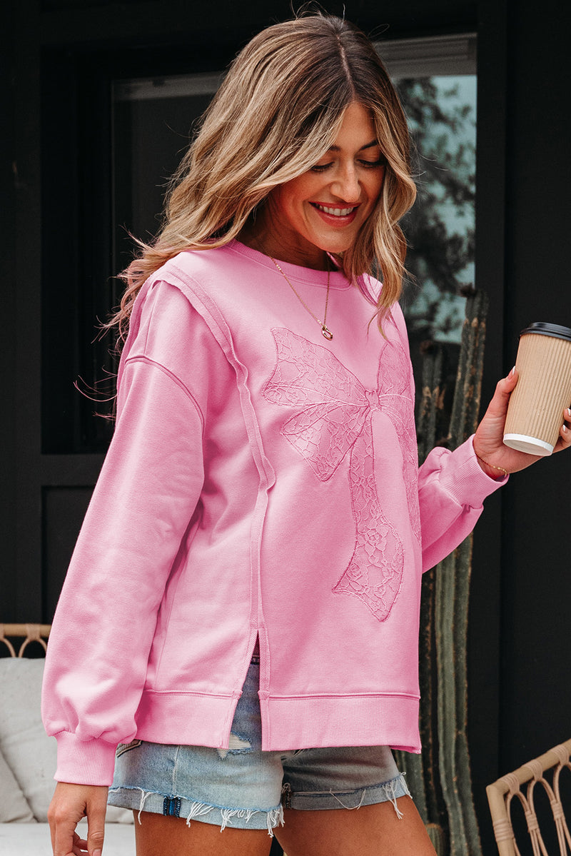Lace Insert Bow Embroidered Exposed Seam Sweatshirt