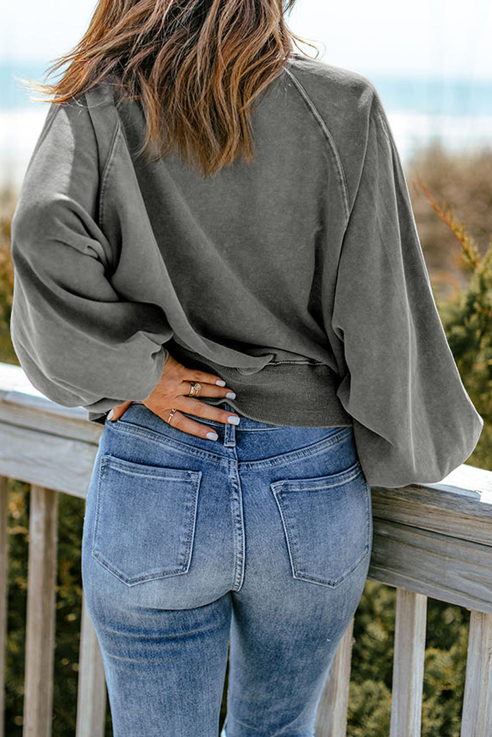 Solid Washed Snap Buttons Lantern Sleeve Pullover Sweatshirt