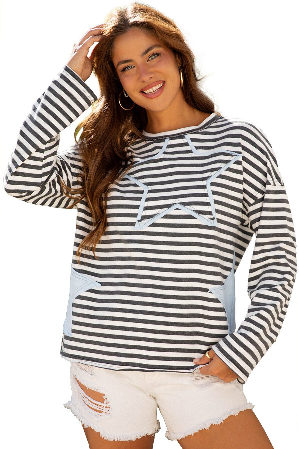 Stripe Starry Patch Drop Shoulder Raw Edge Casual Knit Top