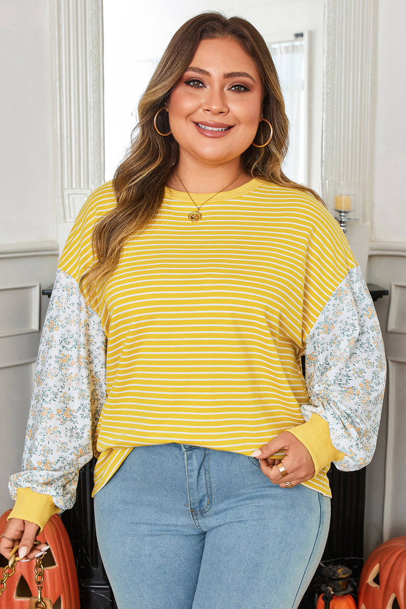 Stripe Striped Contrast Floral Sleeve Patchwork Plus Size Loose Top