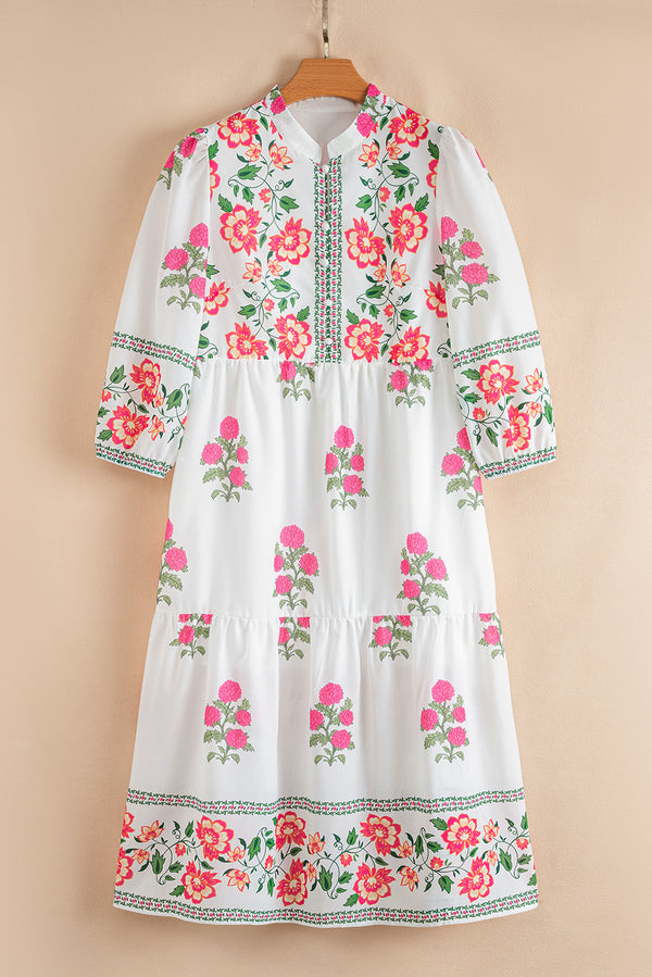 Floral Print Half Button Mandarin Neck 3/4 Sleeve Maxi Dress