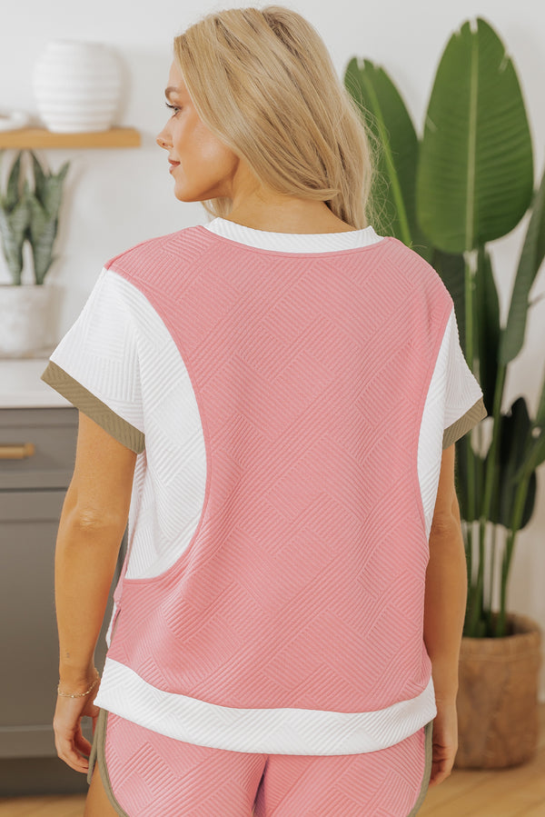 Textured Colorblock Patchwork Tee Two Piece Shorts Set