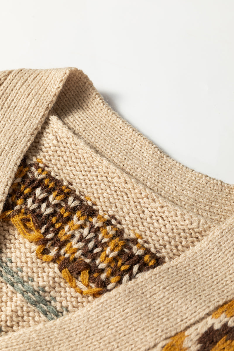Western Pattern Knitted Button V Neck Cardigan Sweater