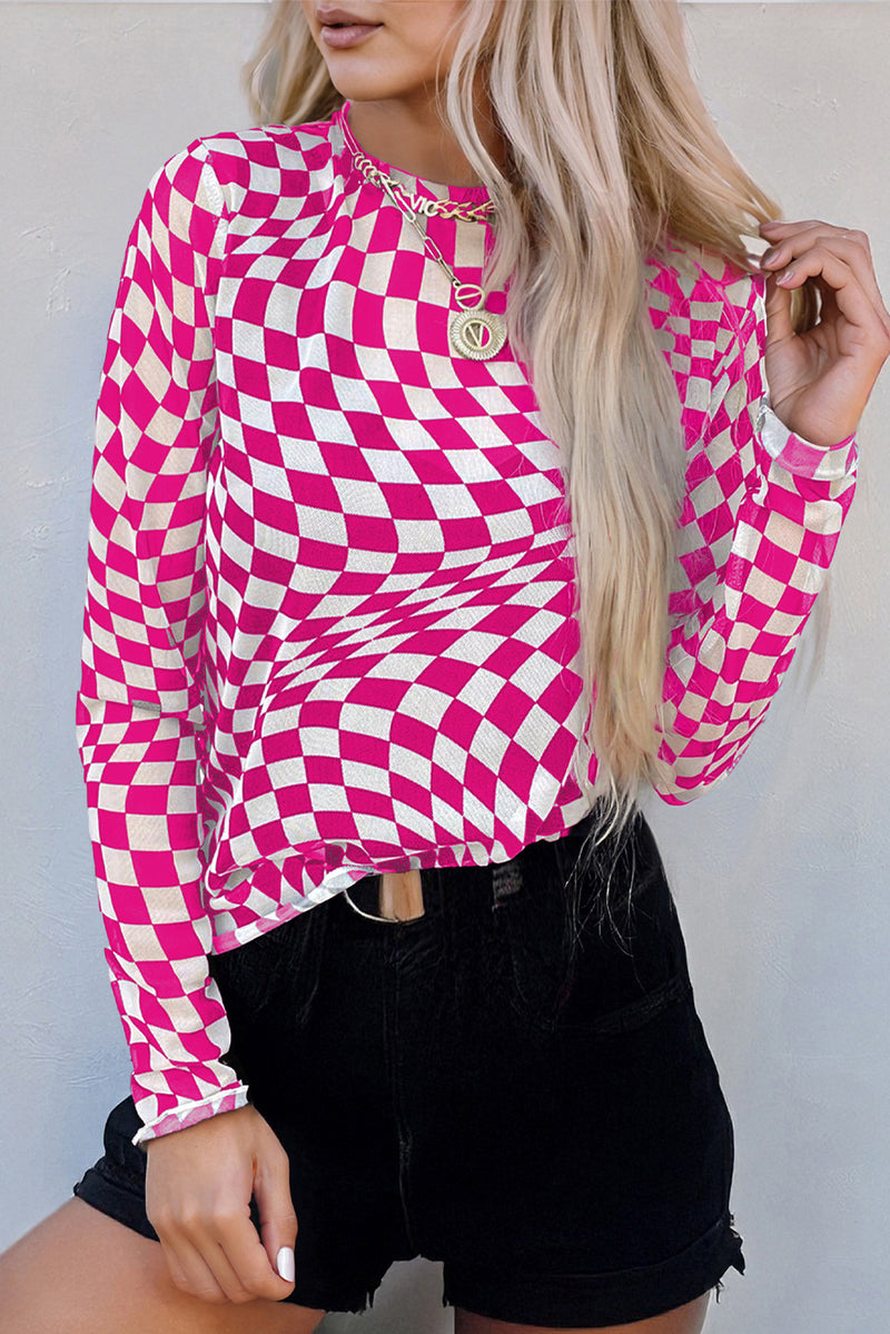 Checkered Pattern Mesh Mock Neck Long Sleeve Top