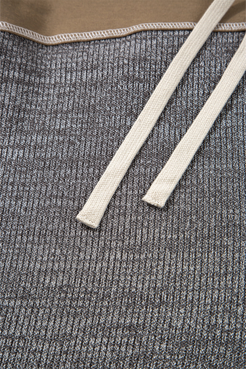 Mixed Texture Patchwork Exposed Seam Half Button Pullover Hooded Sweatshirt