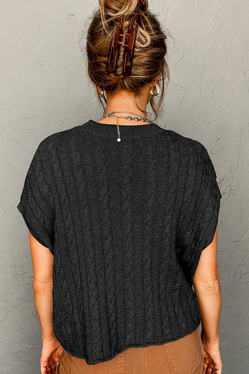 Solid Crew Neck Cable Knit Short Sleeve Sweater