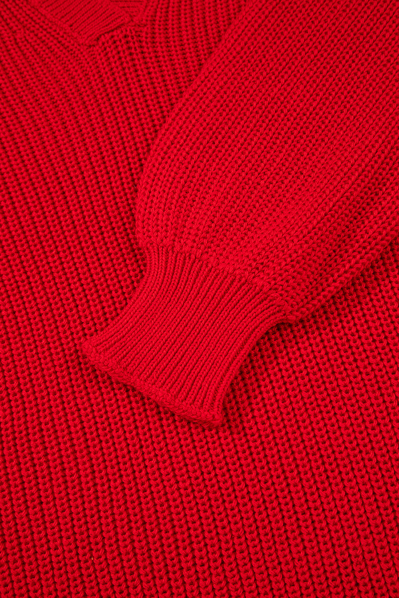 Solid Textured Knit V Neck Drop Shoulder Sweater