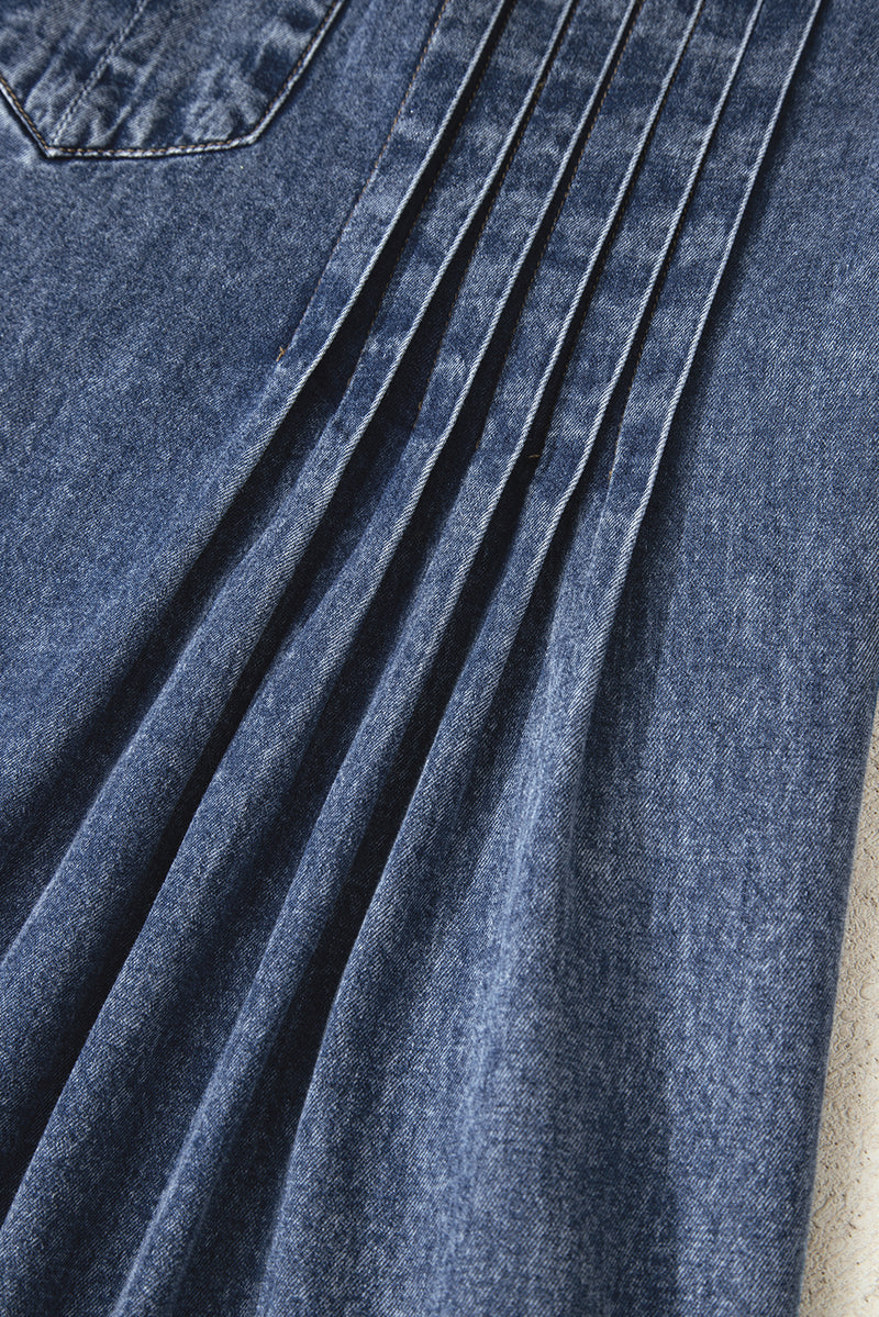 3/4 Sleeve Tied V Neck Pleated Denim Mini Dress