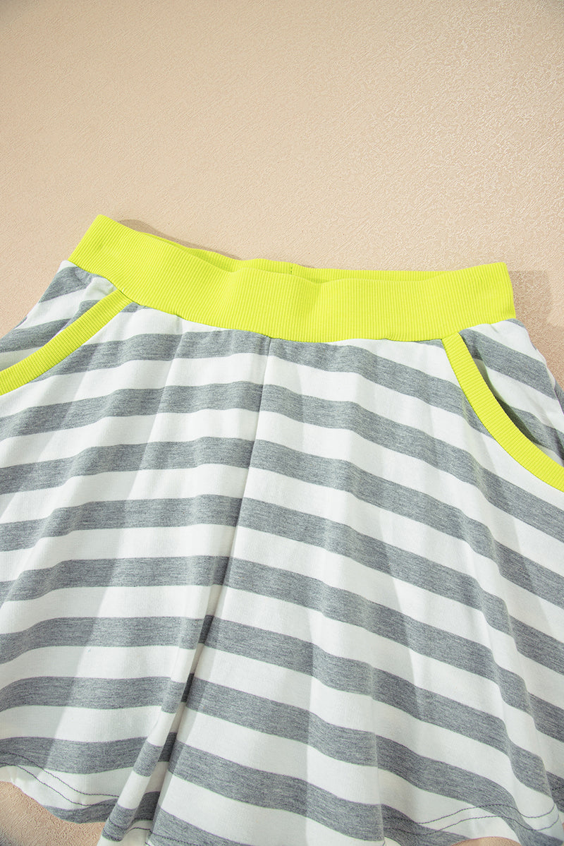 Stripe Contrast Ribbed Banding Long Sleeve Blouse Loose Shorts Set