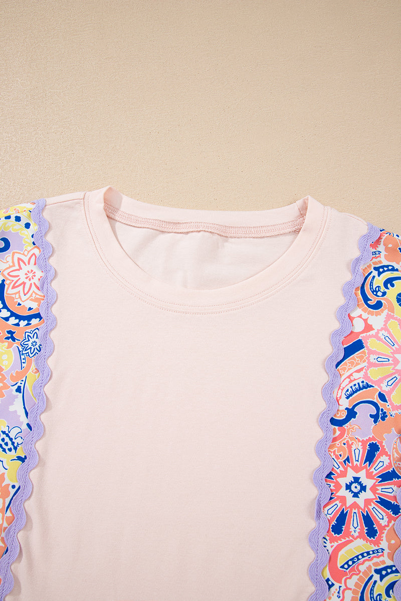 Delicacy Ricrac Trim Floral Plaid Patchwork Puff Sleeve Blouse