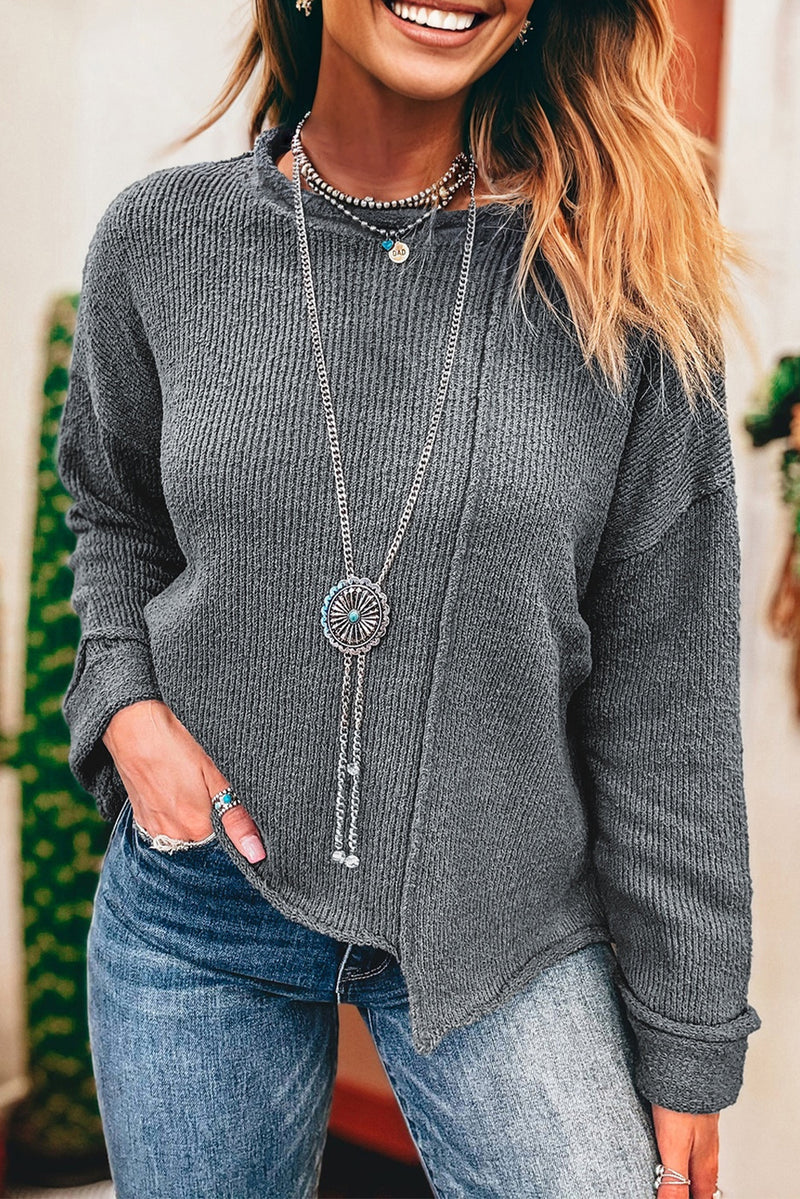 Medium Raw Edge Uneven Hem Patchwork Drop Shoulder Sweater