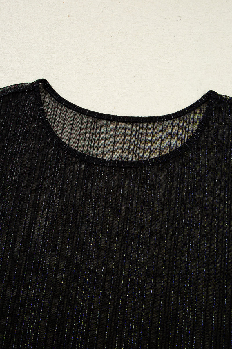 Plus Size Shimmer Textured Mesh Fitted Long Sleeve Top