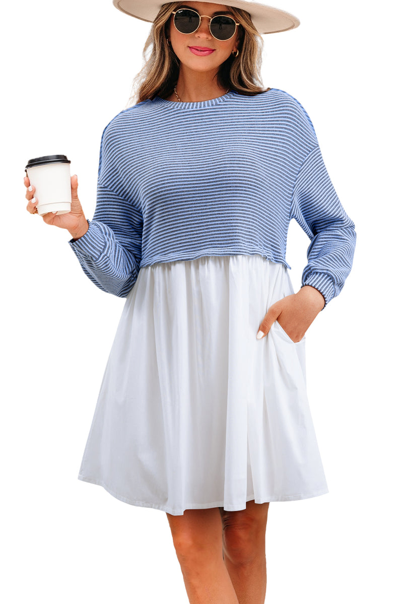Stripe Patchwork Pleated High Waist Loose Mini Dress