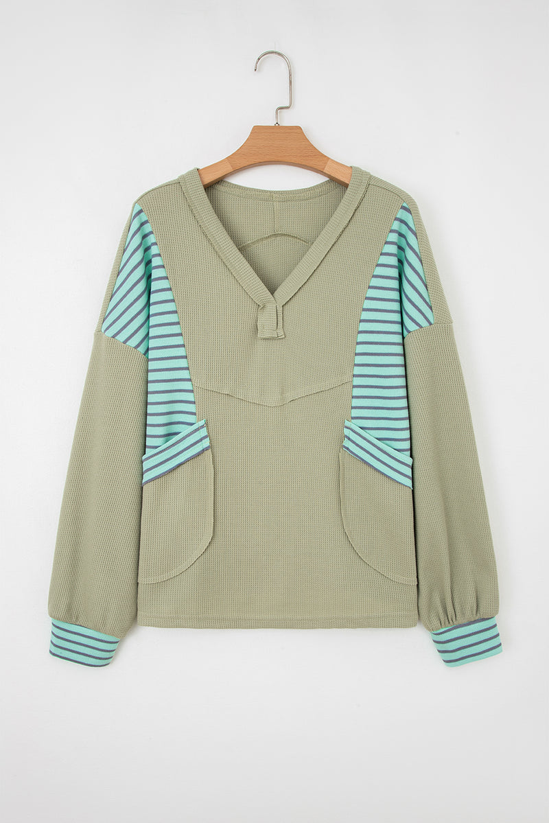 Exposed Seam Waffle Striped Patchwork Baggy Pullover