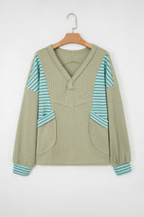 Exposed Seam Waffle Striped Patchwork Baggy Pullover