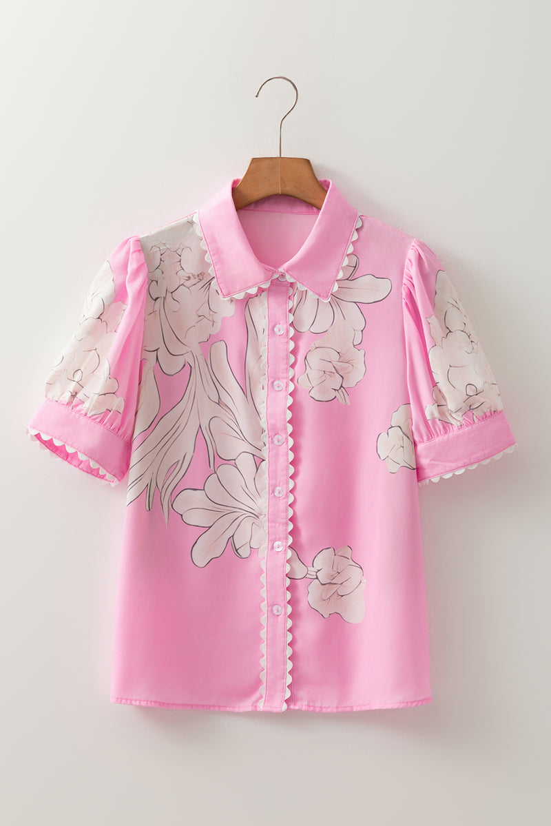 Floral Ric Rac Edge Puff Sleeve Button Up Summer Shirt