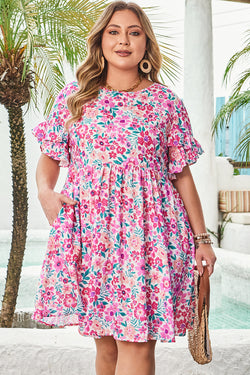 Plus Size Floral Print Frilled Short Sleeve Flare Dress