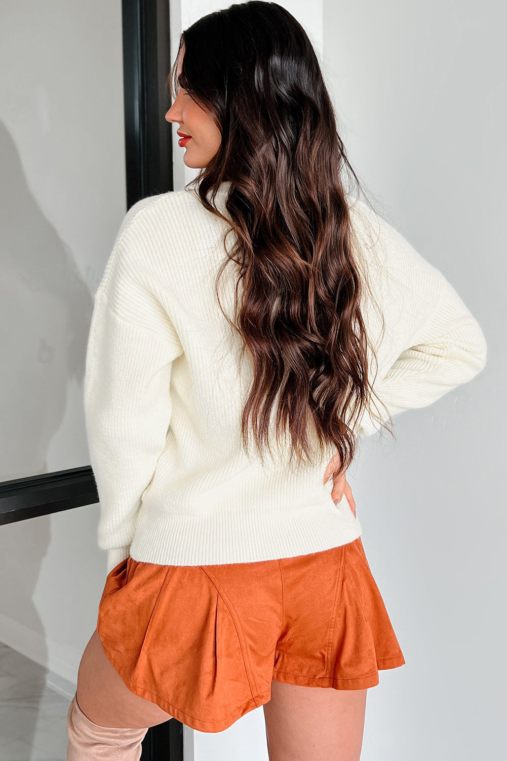 Beige Pumpkin Embroidered Ribbed Thanksgiving Halloween Holiday Sweater