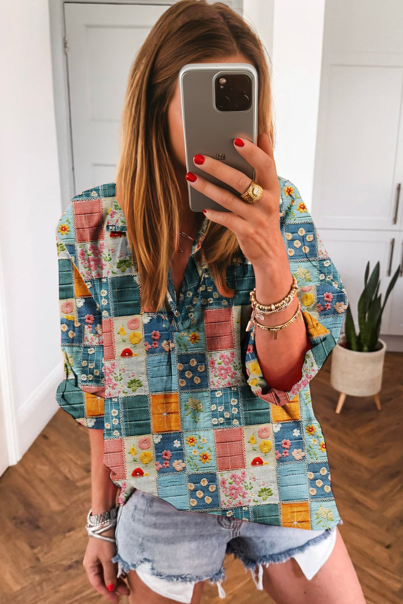 Multicolour Floral Collared V Neck Roll up Sleeve Shift Blouse