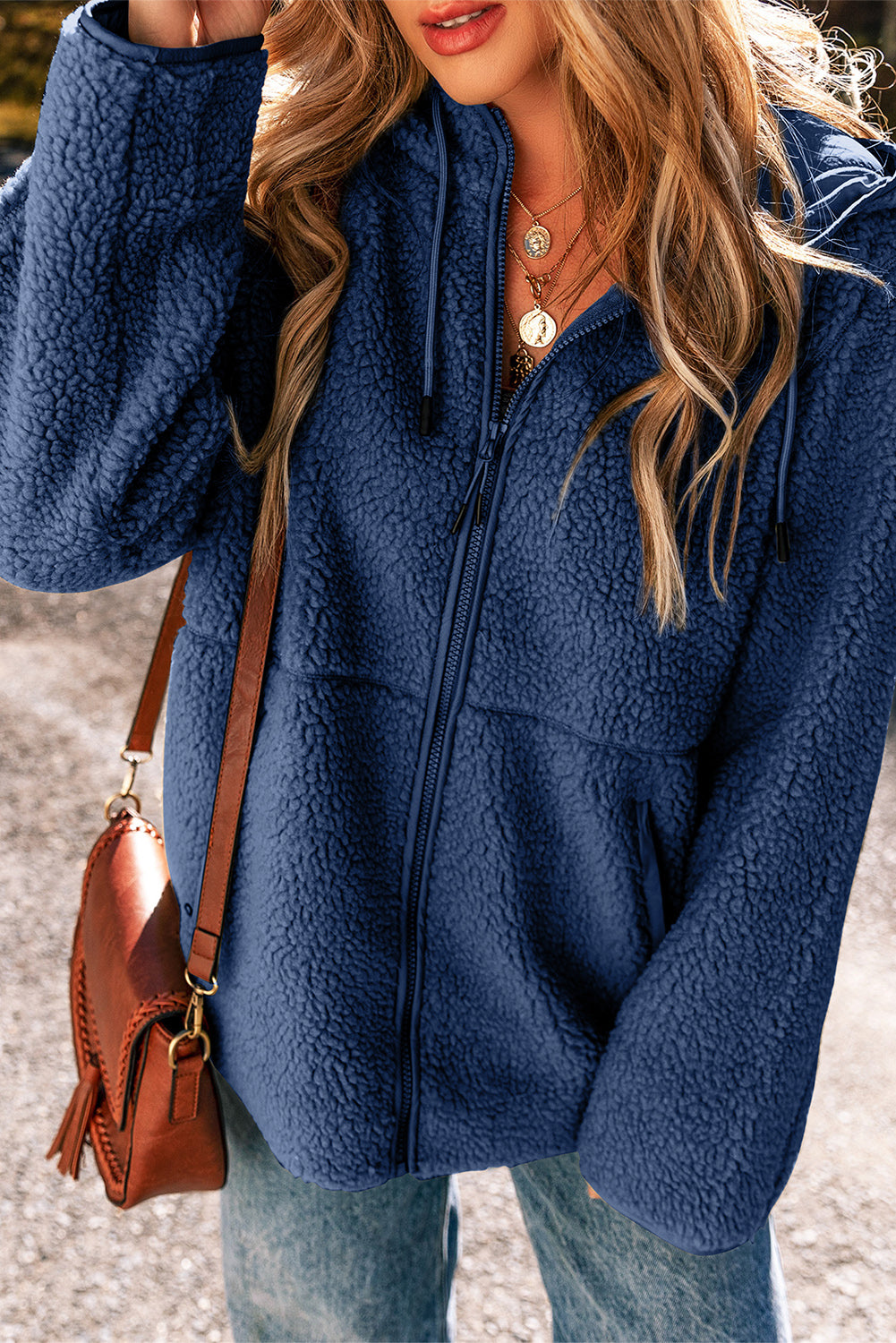 Fleece Zip Up Drawstring Hooded Pocketed Jacket