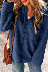 Fleece Zip Up Drawstring Hooded Pocketed Jacket