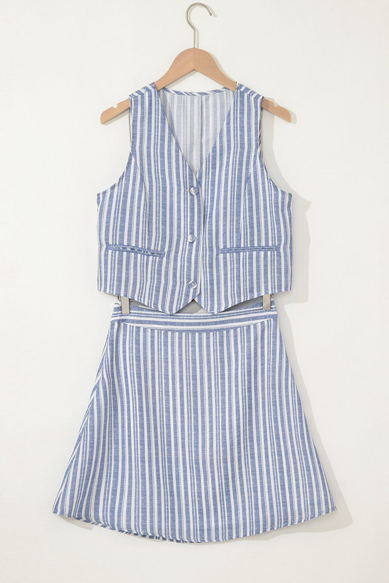 Stripe Buttoned Office Waistcoat Mini Skirt Set
