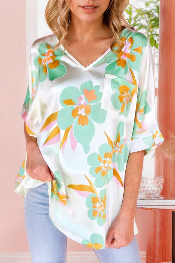 Floral Print Loose Fit V Neck Half Sleeve Blouse