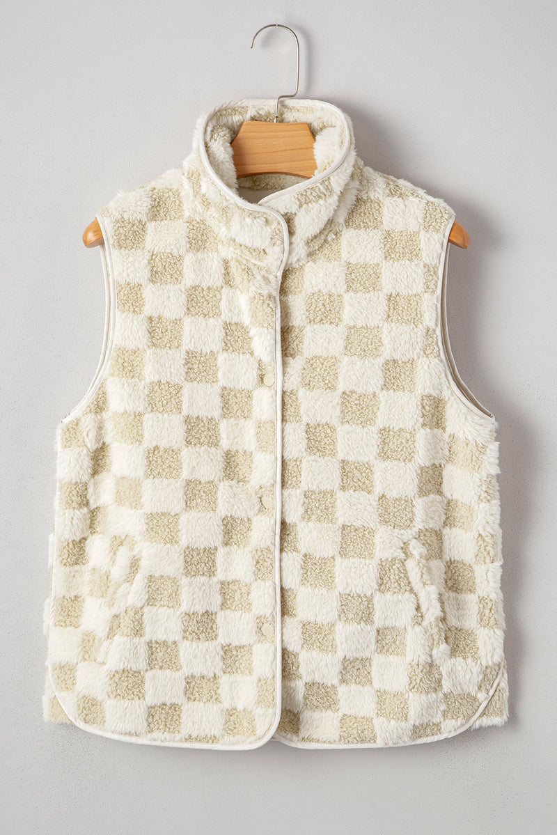 Sherpa Checkerboard Snap Button Vest Jacket With Pocket
