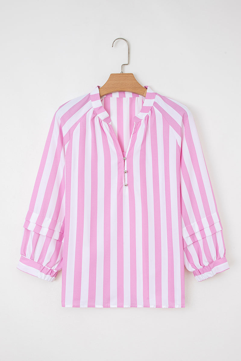 Rose Pink Stripe Split Neck Button Decor Front Puff Sleeve Blouse