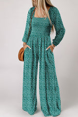 Floral Print Western Smocked Bodice Square Neck Wide Leg Jumpsuit