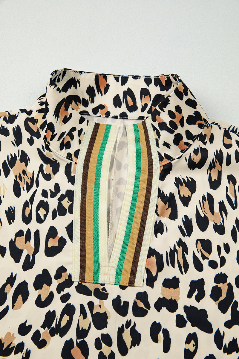 Leopard Color Block Contrast Striped V Neck Half Sleeve Loose Fit Blouse