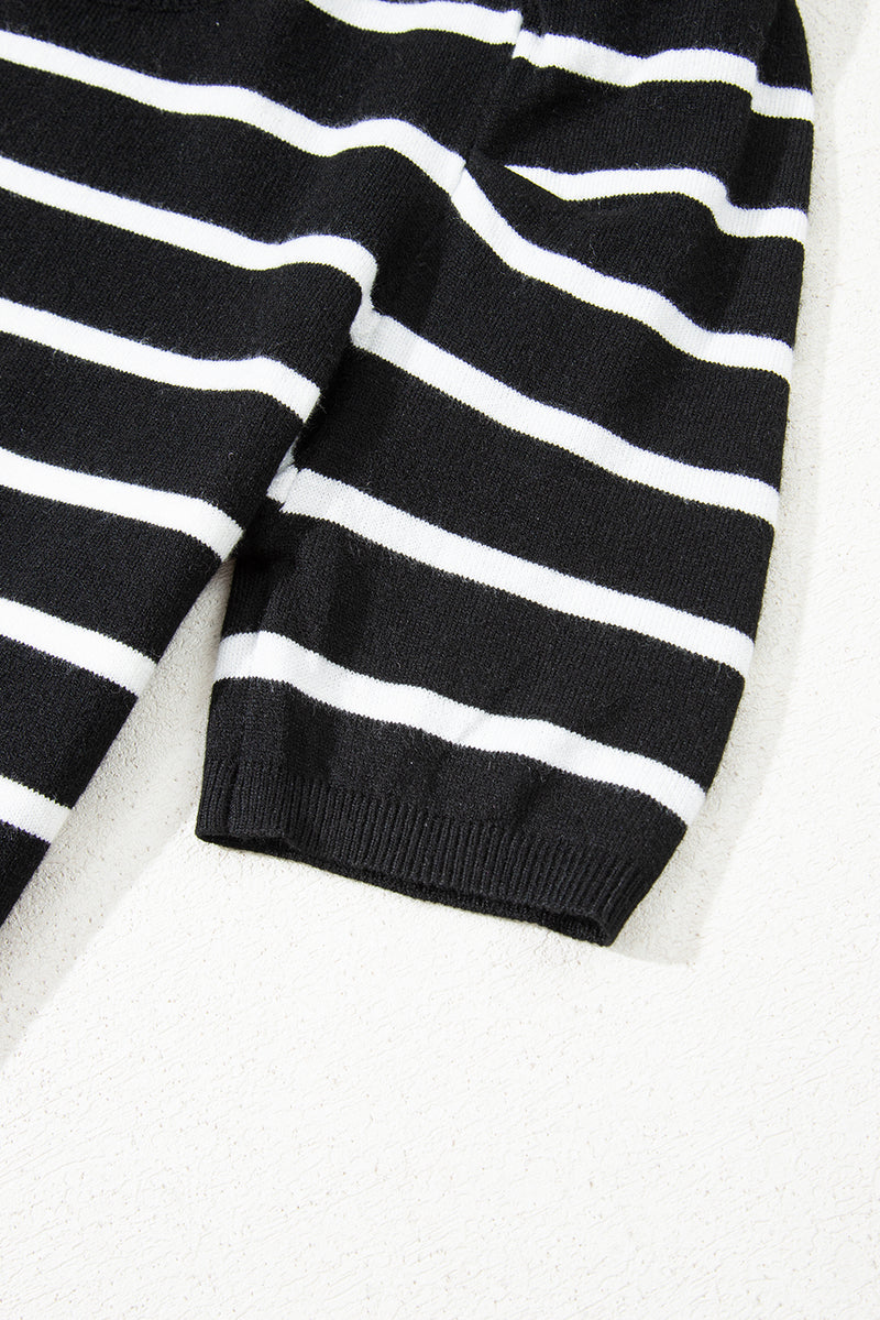 Stripe Ribbed Trim Round Neck Bubble Sleeve Knitted Top