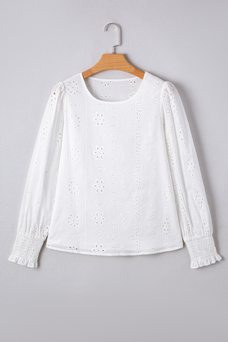 Eyelet Embroidered Smocked Cuff Sheer Blouse