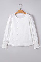 Eyelet Embroidered Smocked Cuff Sheer Blouse