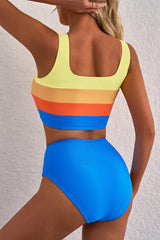 Colorblock Square Neck Top Pleated High Waisted Bikini
