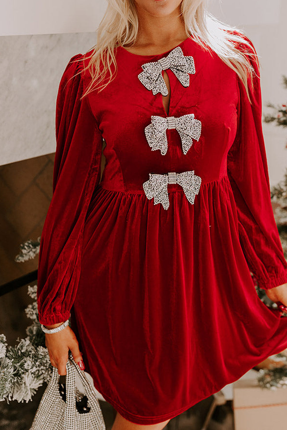 Bowknot Decor High Waist Velvet Mini Dress