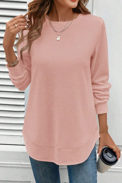 Pink Rounded Hem Waffle Long Sleeve Top