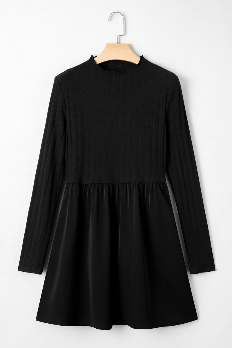 Frilled Neck Ribbed Knit Patchwork Long Sleeve Mini Dress