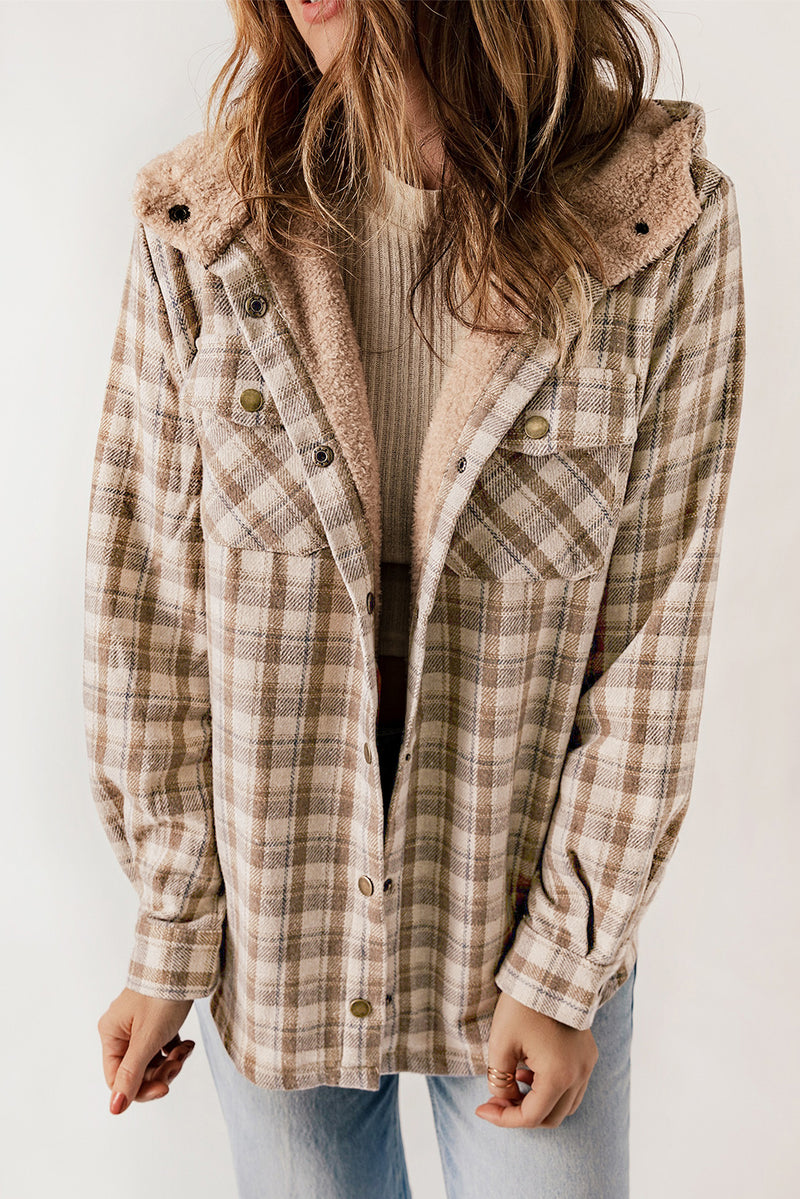 Coats and Jacket Plaid Pattern Sherpa Lined Hooded Shacket